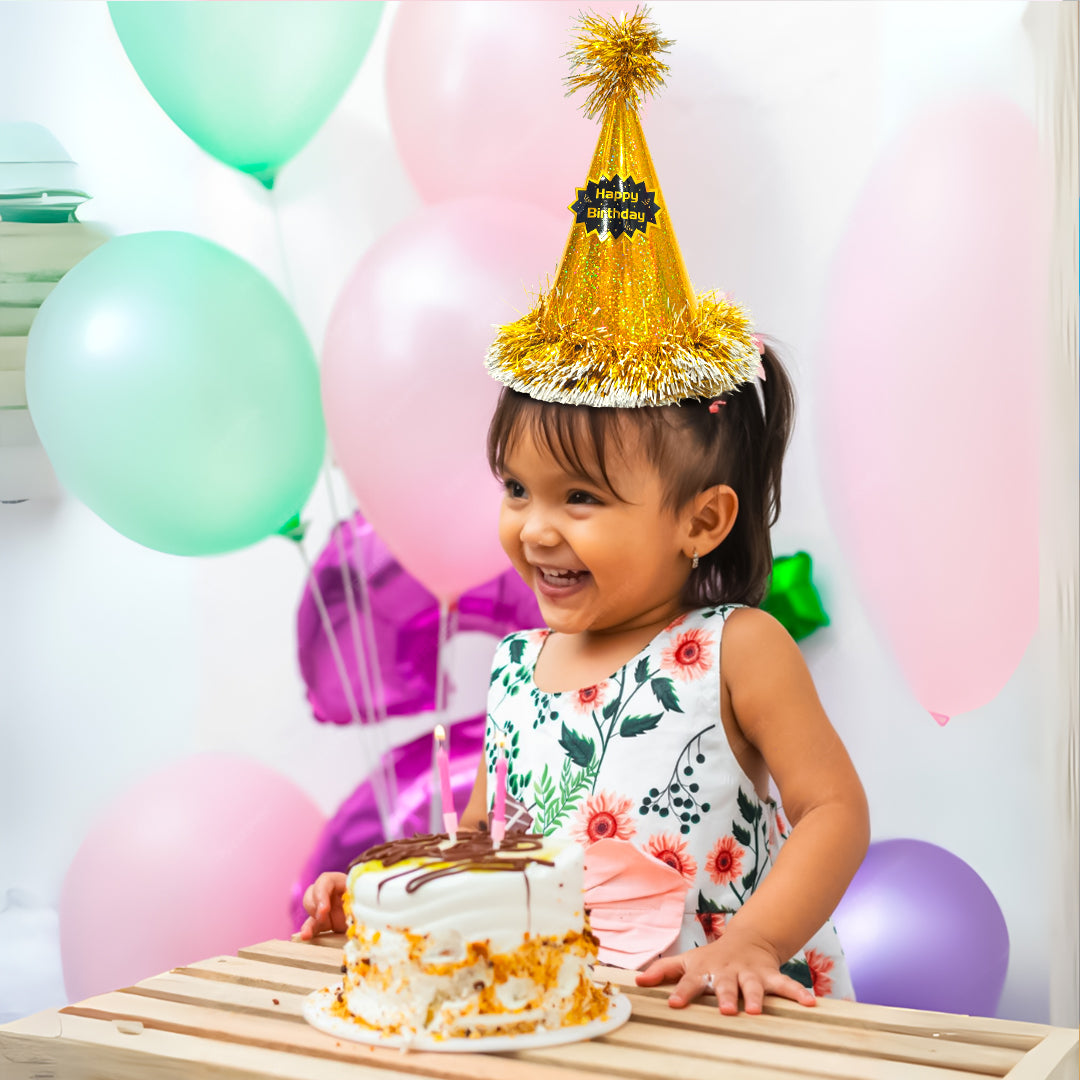 Happy Birthday Golden Glittery Hat with Fringe - 1PC