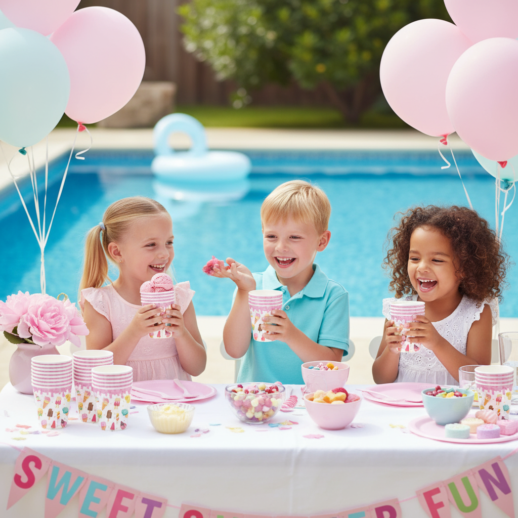 Ice Cream Theme Party Cups at Summer Candy Party Table