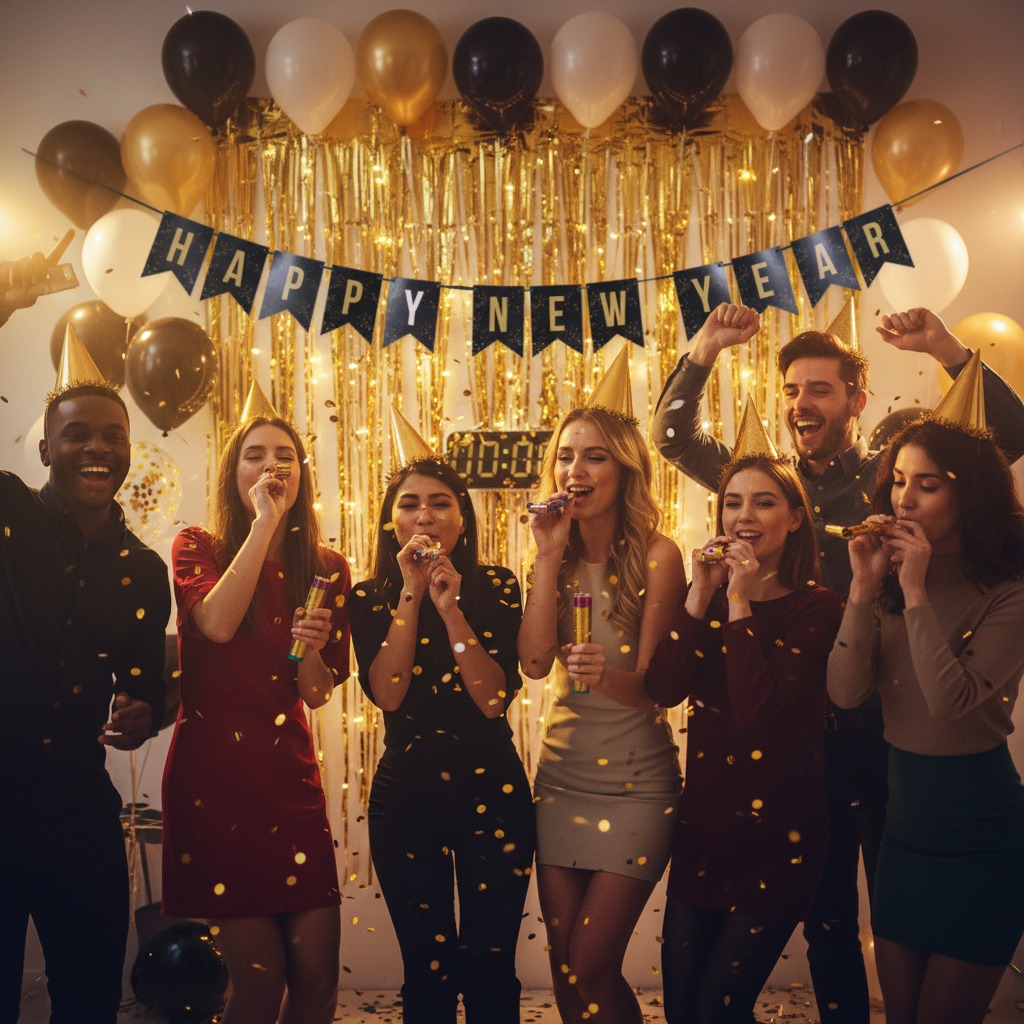 Happy New Year banner as photo booth backdrop with friends celebrating
