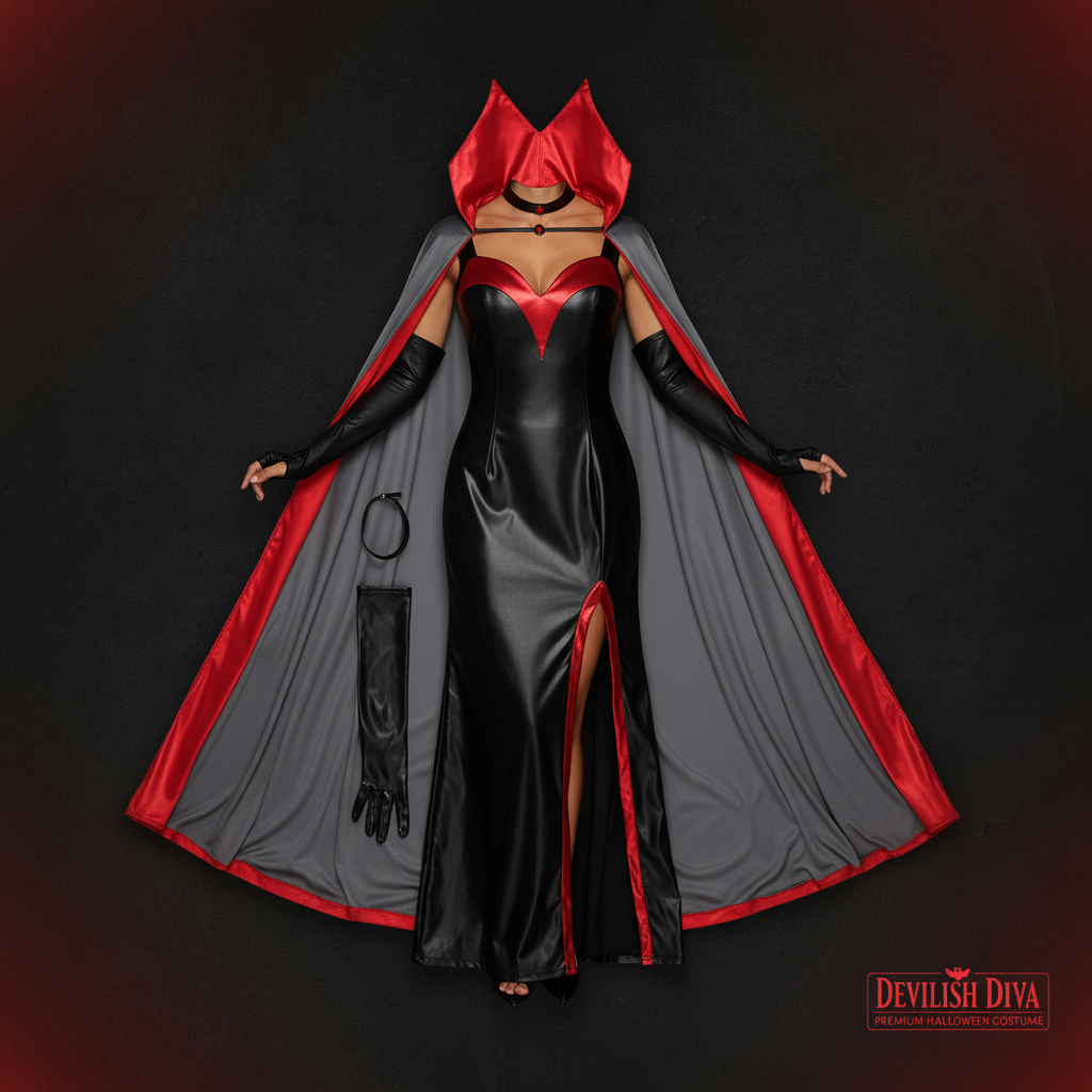 Devilish diva black and red Halloween costume flat lay with stretchable dress cape gloves and neck choker