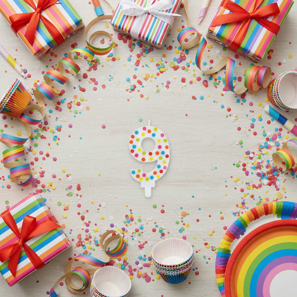 Multicolor polka dot number 9 candle flat lay with streamers gift boxes and rainbow party decor