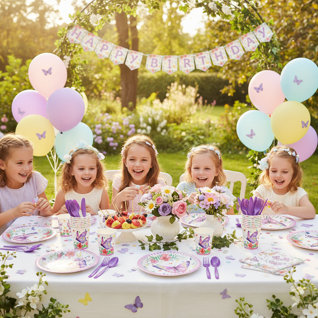 Butterfly Theme Paper Cups on Garden Spring Party Table