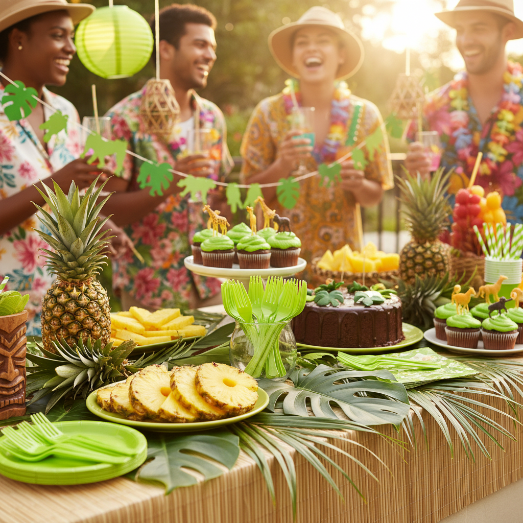 Lime green plastic forks on tropical luau jungle safari themed party dessert table with palm leaves pineapples and tropical decorations