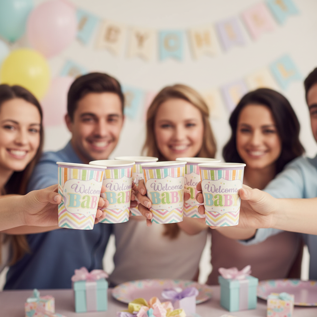 Guests Holding Welcome Baby Shower Paper Cups at Baby Shower Celebration