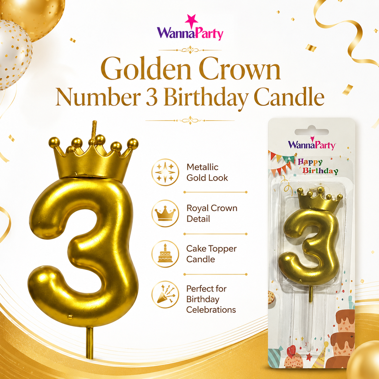 Golden Crown Candle Number 3 | Metallic Finish | Medium Size