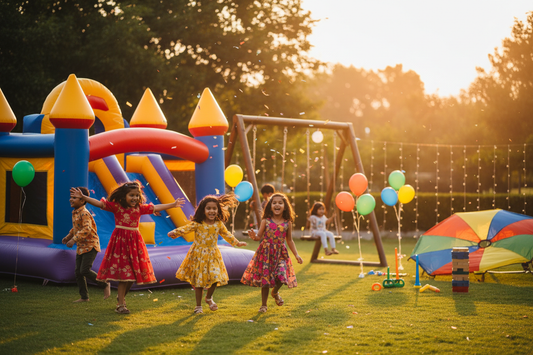 Complete outdoor play equipment collection including bouncy castle swing set and outdoor games for kids party India