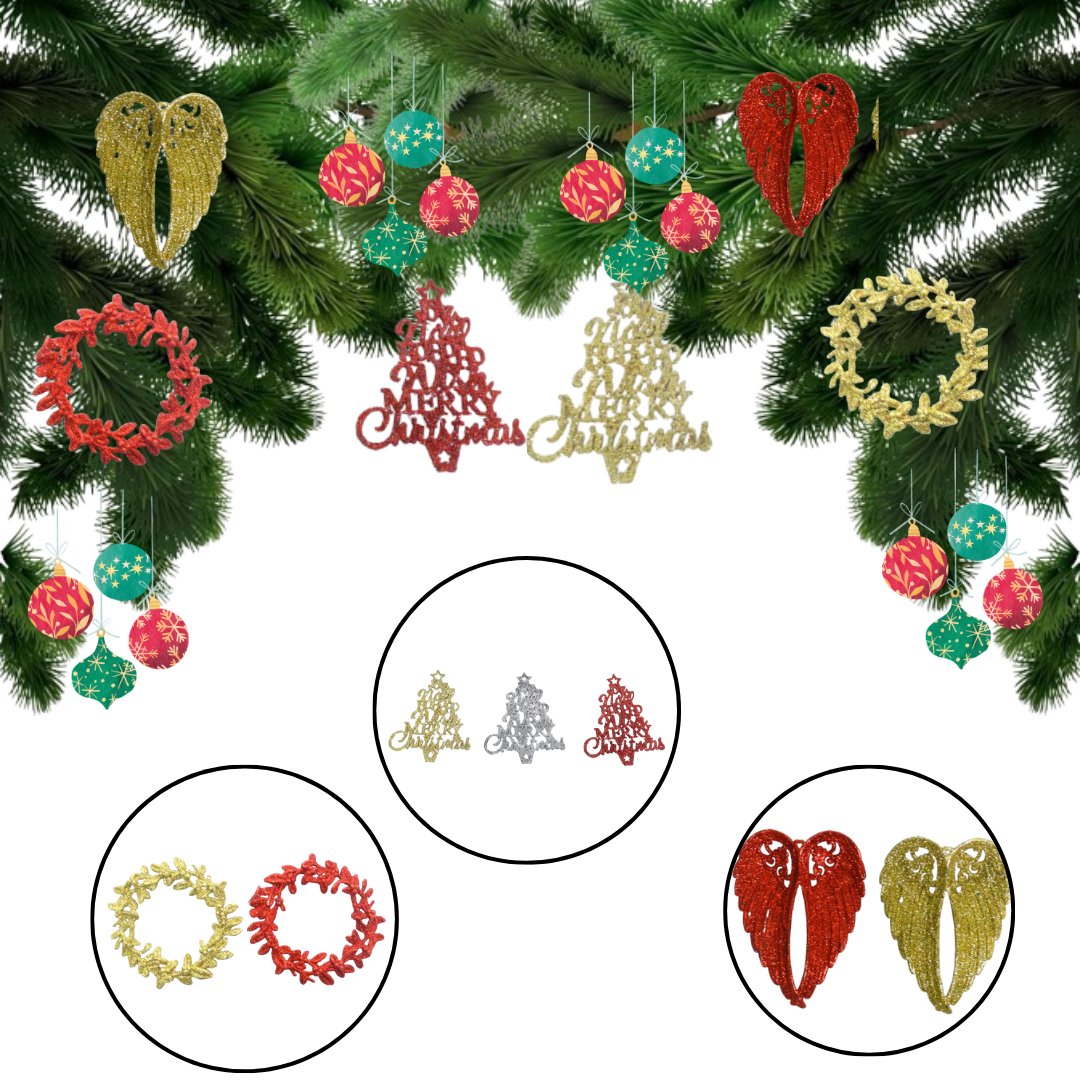 Glitterati Merry Christmas, Angel Wings and Christmas Wreath Tree Decoration Kit - Set of 6 PC