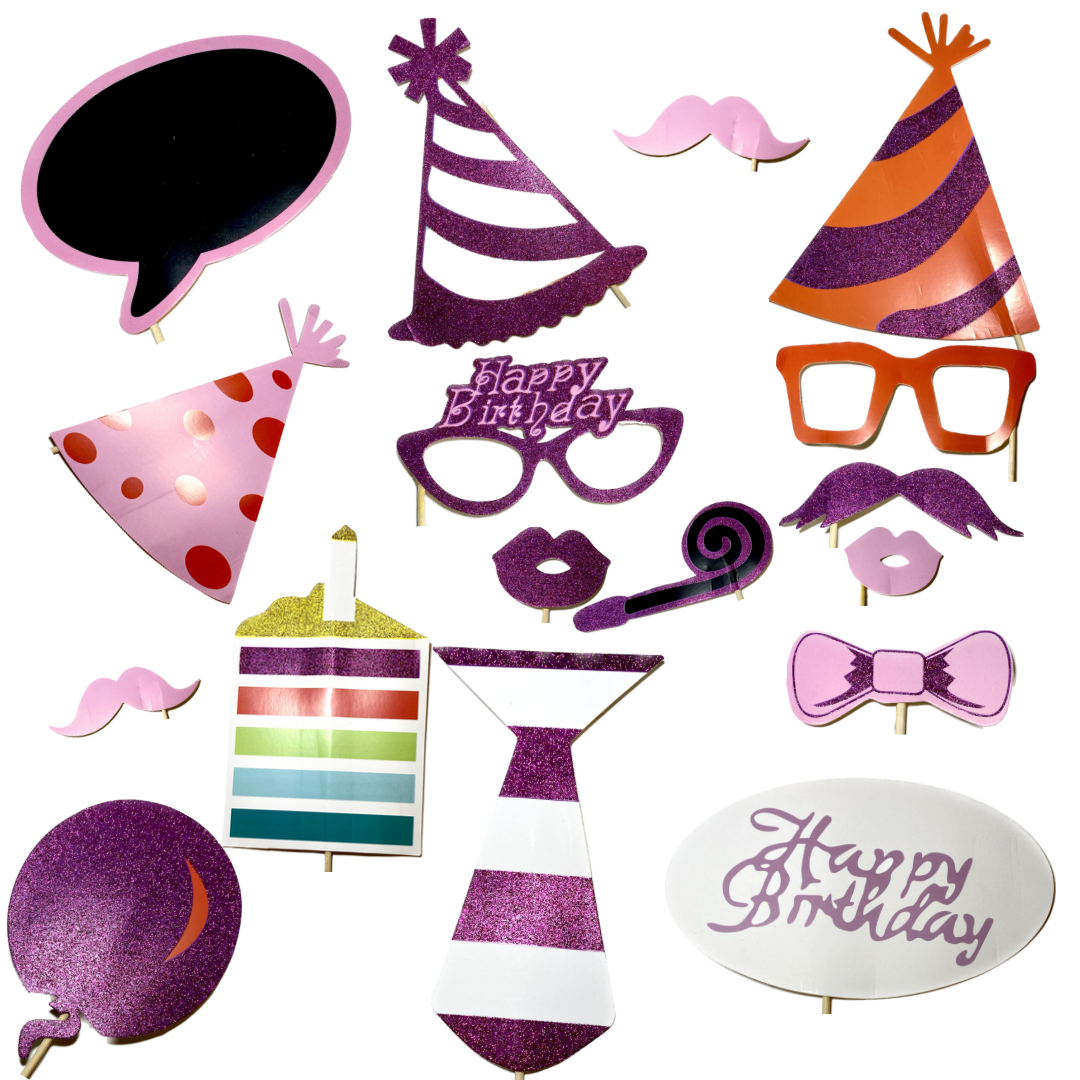 Happy Birthday Pink Glitter Photo Props - 20PC