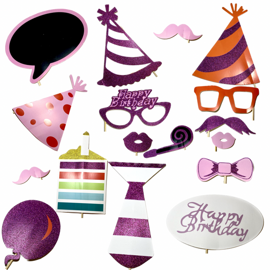 Happy Birthday Pink Glitter Photo Props - 20PC