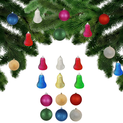 Glittery Ball and Bells Tree Decoration Combo Kit - Set of 12 PC