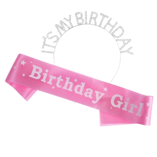 Birthday Girl Sash and Crown - Pink ,Set of 2Pcs