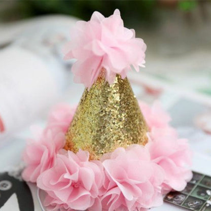 Golden Conical Hat with Pink Flower