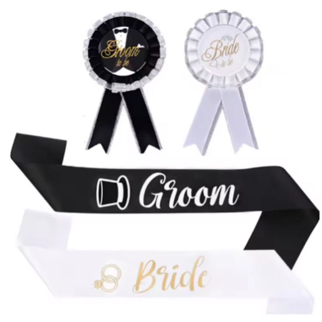 Bride & Groom Sash with Award Buttons Set - 4PC