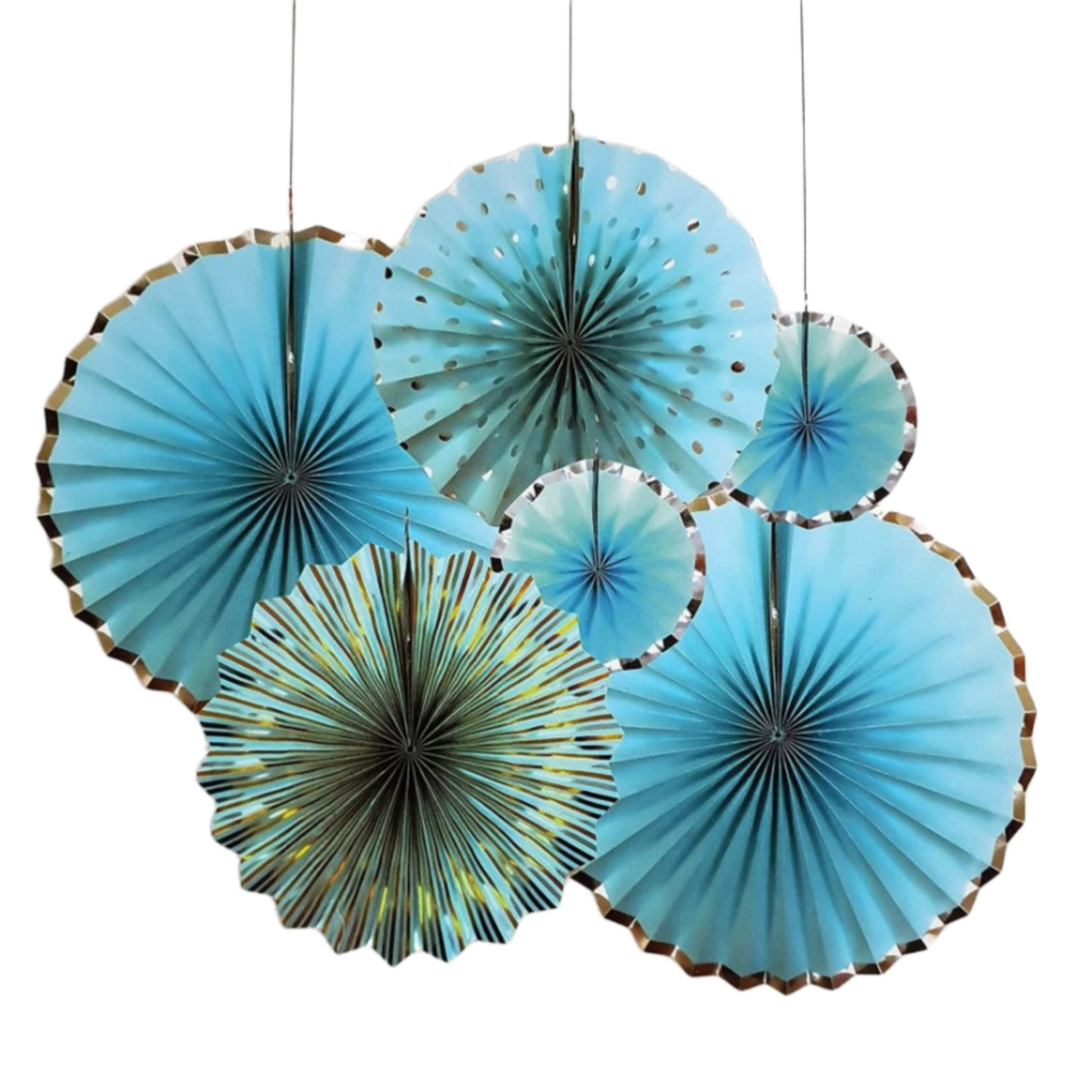 Blue Gold Designed Paper Fans Set - 6PC