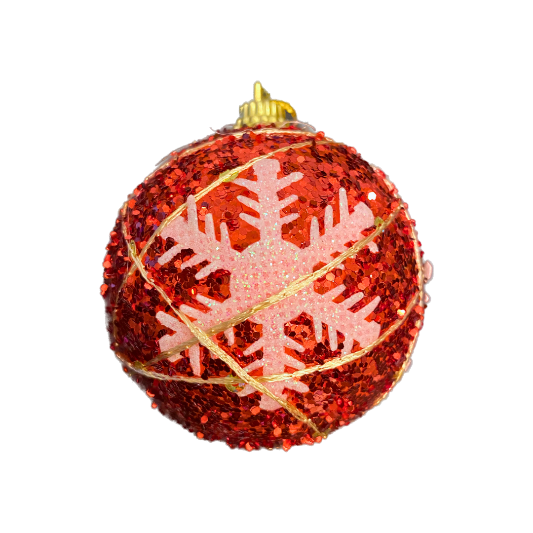 Christmas Tree Ornaments Red Ball with Snow Flakes - Set of 2