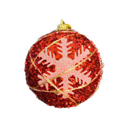 Christmas Tree Ornaments Red Ball with Snow Flakes - Set of 2