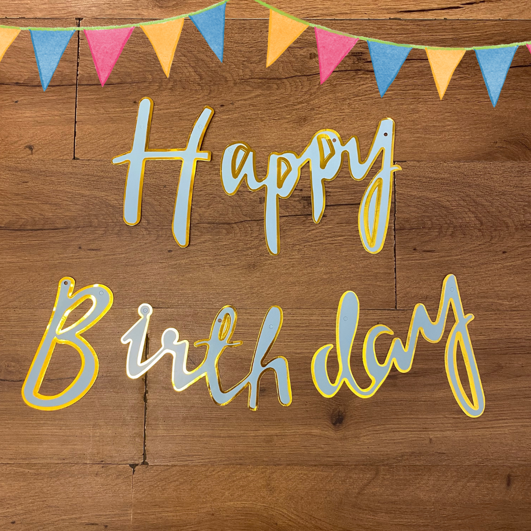 Happy Birthday Cursive Banner Blue &amp; Gold -6 FT