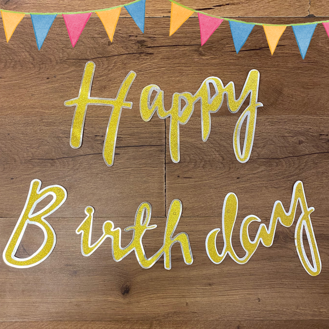 Happy Birthday Cursive Glitter Gold &amp; Silver Banner- 6FT