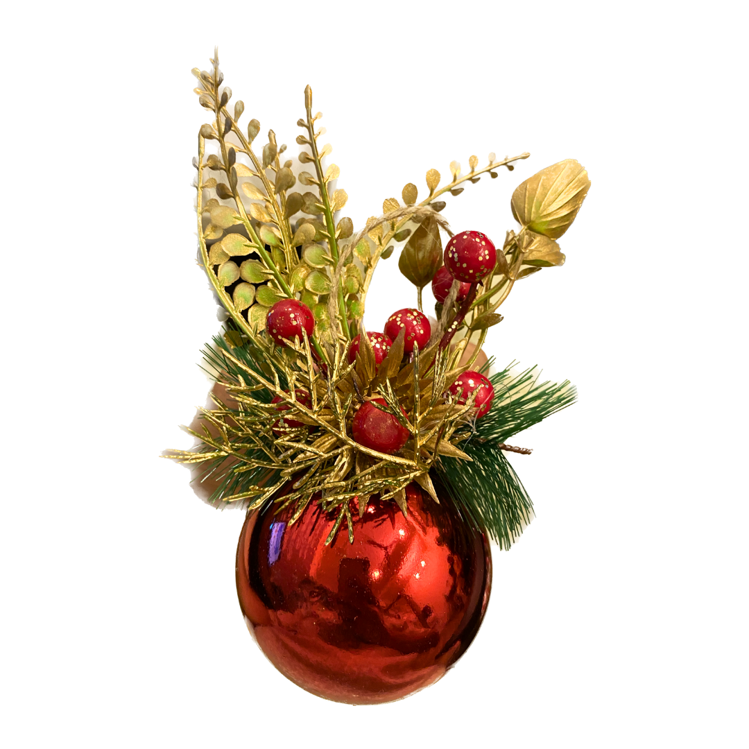 Christmas Tree Ornaments - Metallic Ball Hanging with Pine Red Cherry & Leaves - 1 PC