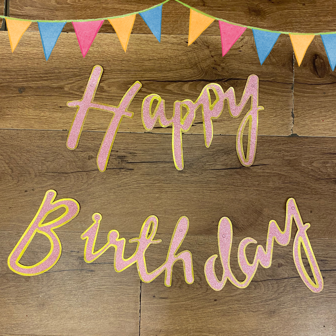 Happy Birthday Cursive Glitter Pink &amp; Gold Banner -6 FT