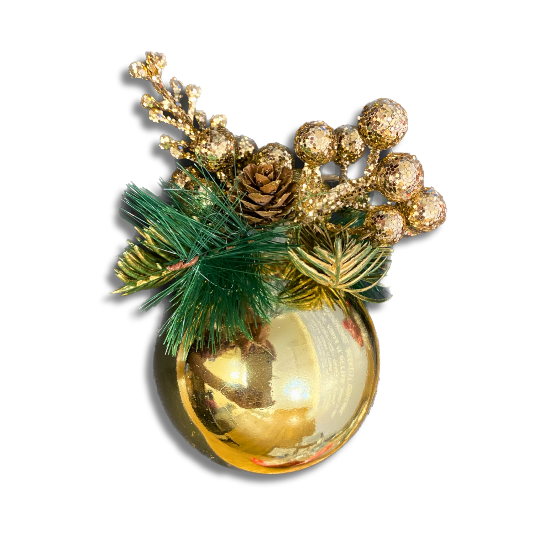 Christmas Tree Ornaments - Metallic Gold Ball Hanging with Pine Golden Cherry & Leaves - 1 PC