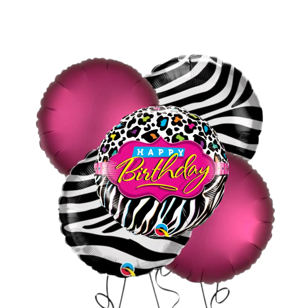 Happy Birthday Black &amp; White Set with Pink Round Balloons - 5PC