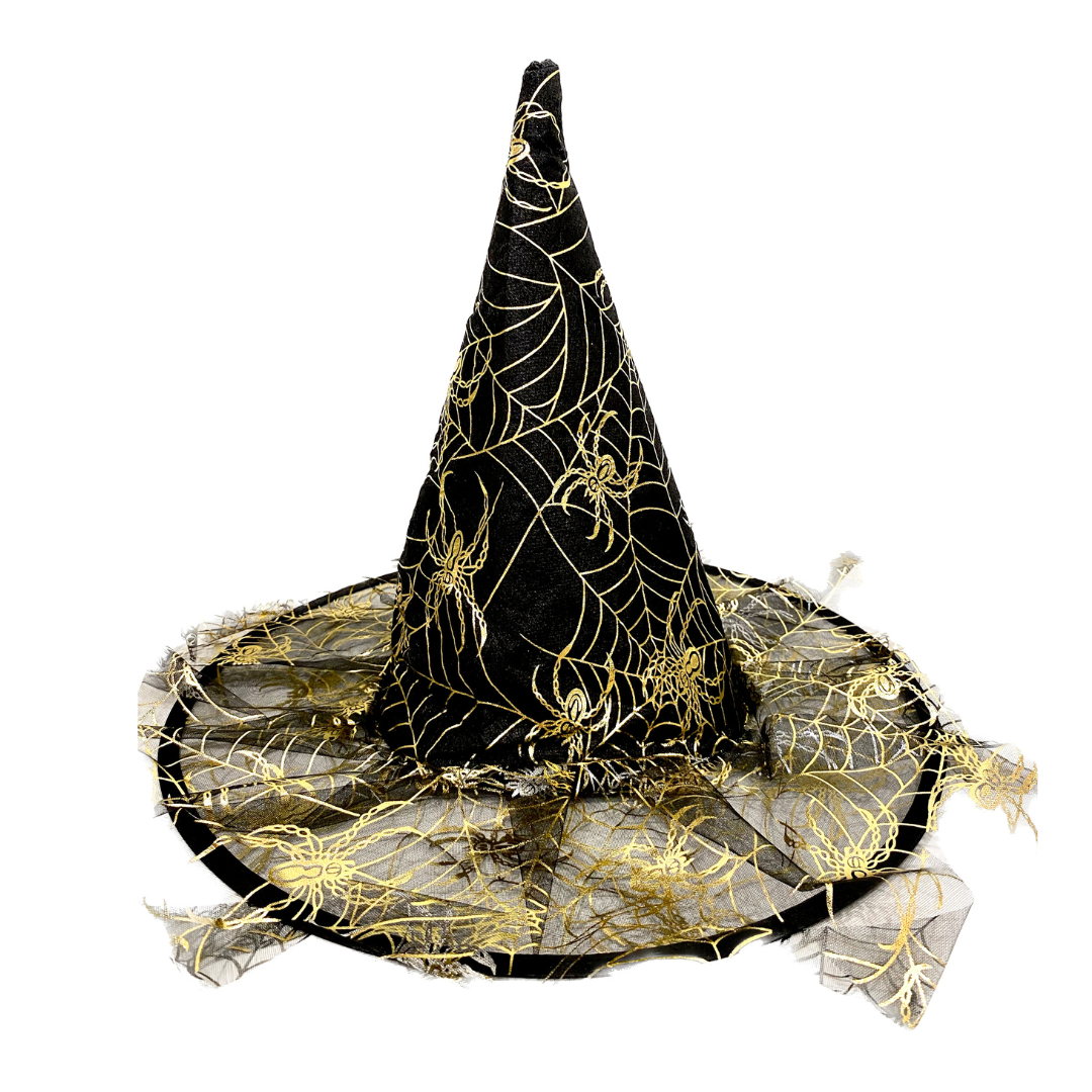 Spider Web Print Witch Hat with Netted Cobwebs