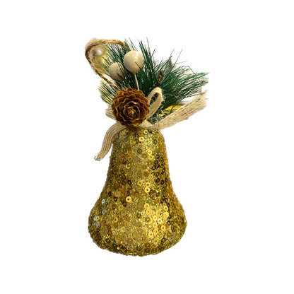 Christmas Tree Ornaments Golden Sequin Bell with Pine Cone Hanging - 3PC