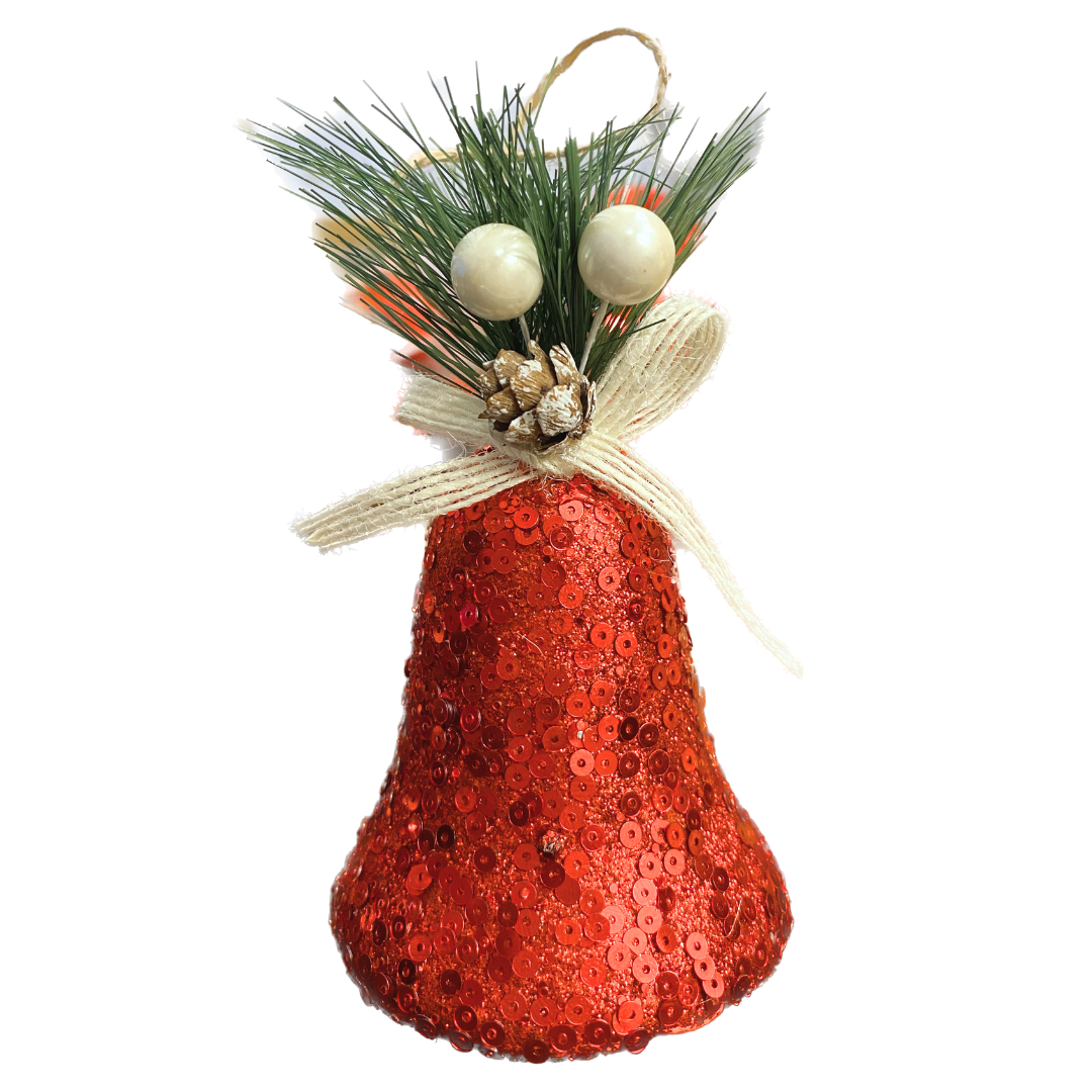 Christmas Tree Ornaments Red Sequin Bell with Pine Cone Hanging - 3PC