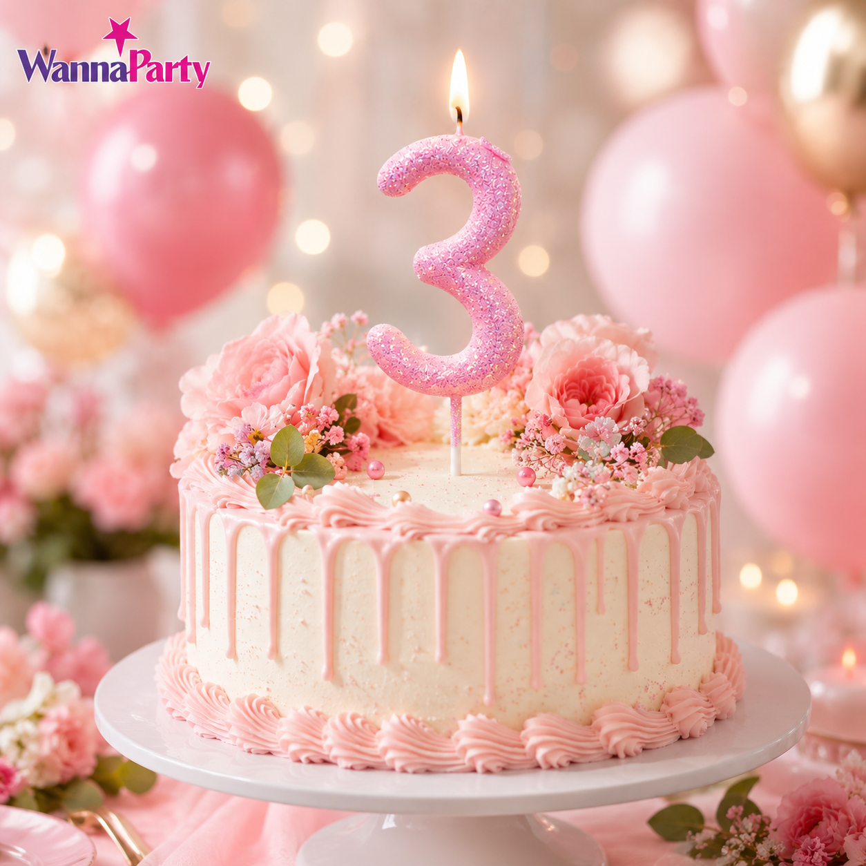 Glitter Designer Pink Candle Number 3 | Cake Candles