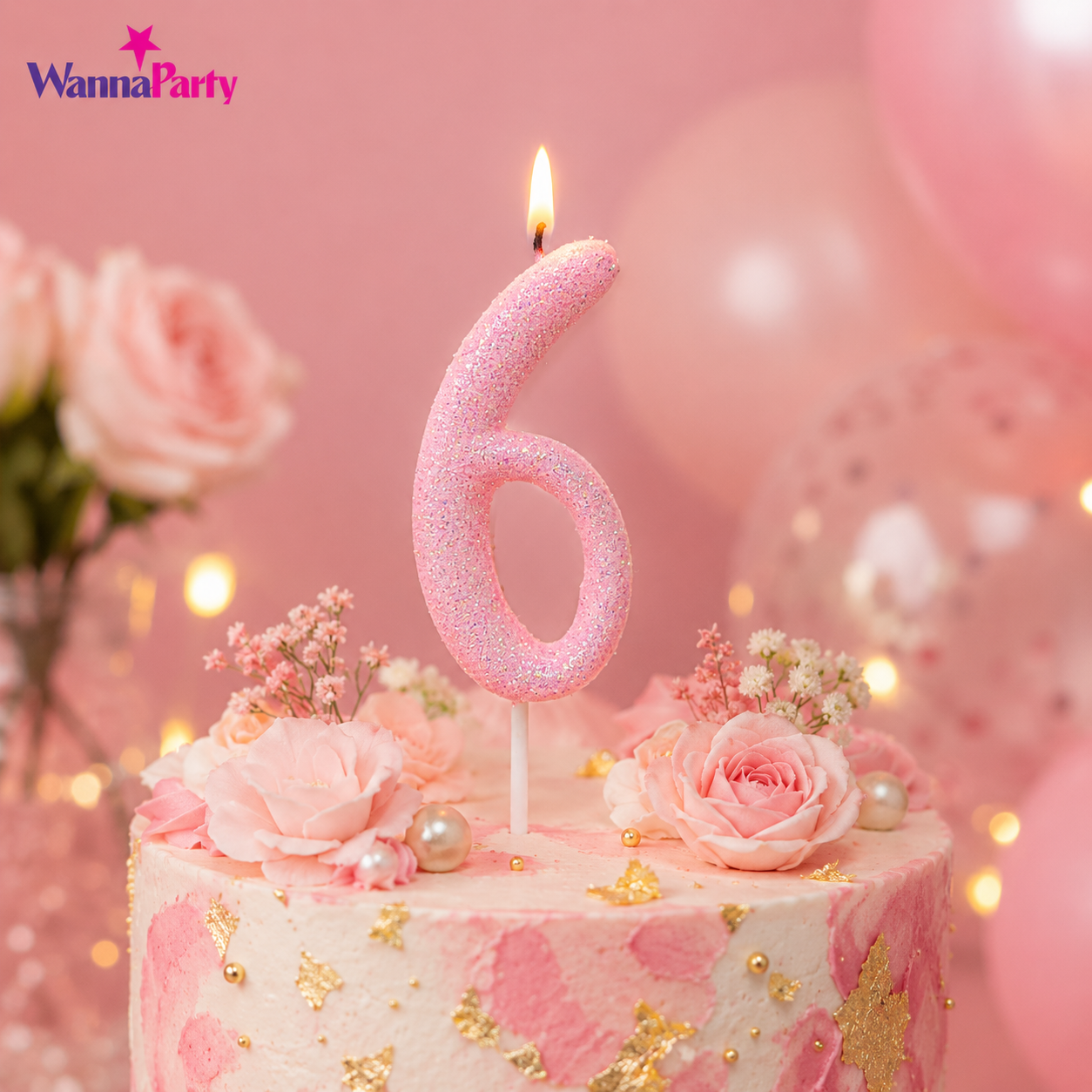 Glitter Designer Pink Candle Number 6 | Cake Candles