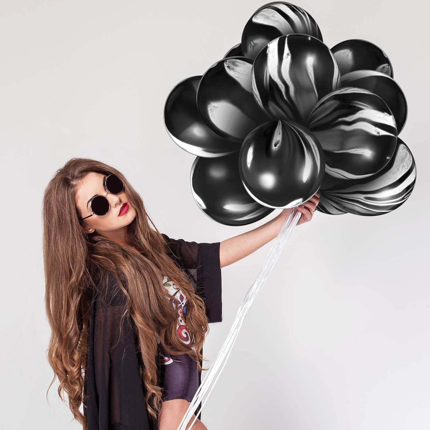 12" Marble Print Black Balloon