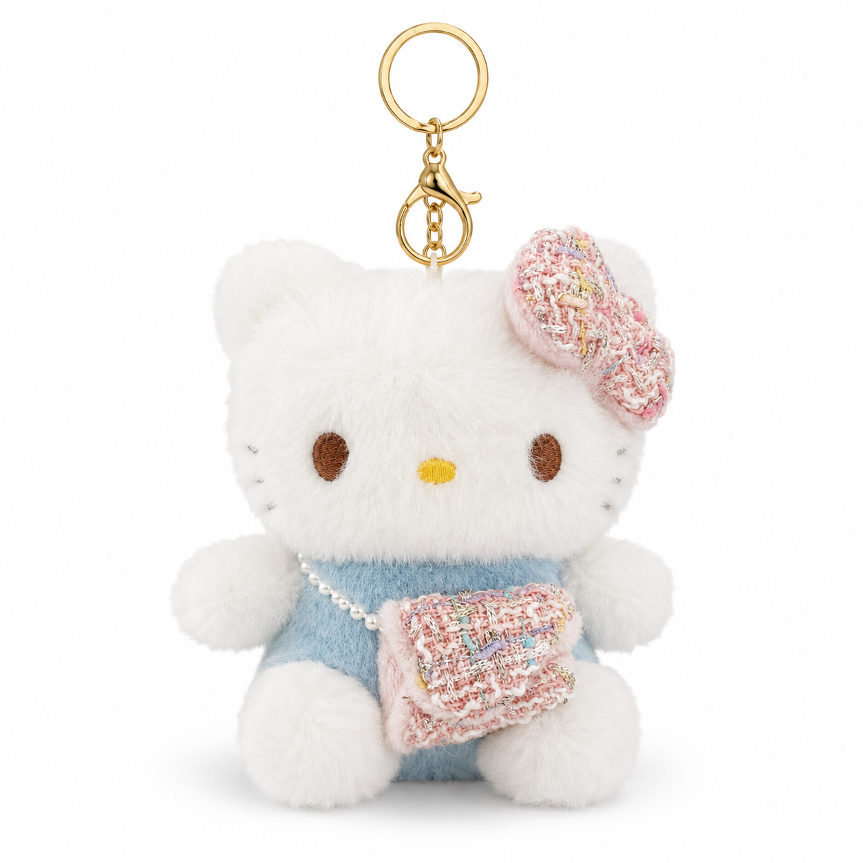 Pink Hello Kitty Plushy Key Chain | Cute Kawaii Pink Cat Plush Keychain | Soft Bag Charm with Blue Bow & Mini Purse, Gold Metal Chain for Backpack, Handbag, Keys, Birthday Return Gift & Party Favor – 1PC