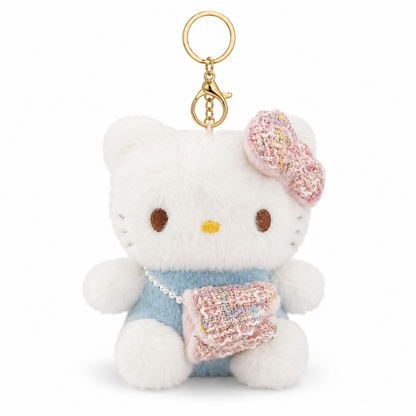 Pink Hello Kitty Plushy Key Chain | Cute Kawaii Pink Cat Plush Keychain | Soft Bag Charm with Blue Bow & Mini Purse, Gold Metal Chain for Backpack, Handbag, Keys, Birthday Return Gift & Party Favor – 1PC