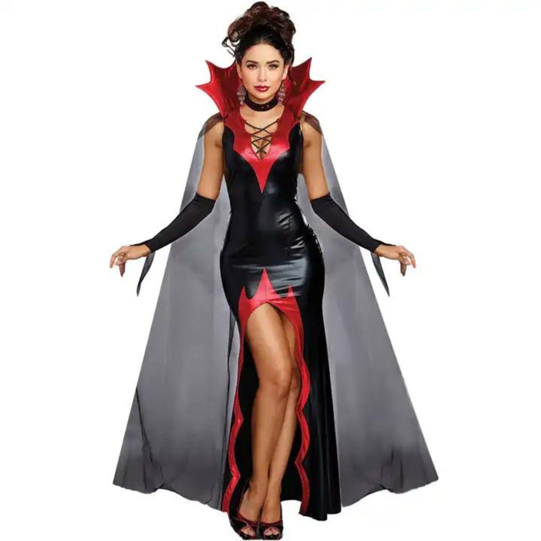 Devilish Diva Black & Red Stretchable Costume w/Cape, Gloves and Neck Choker