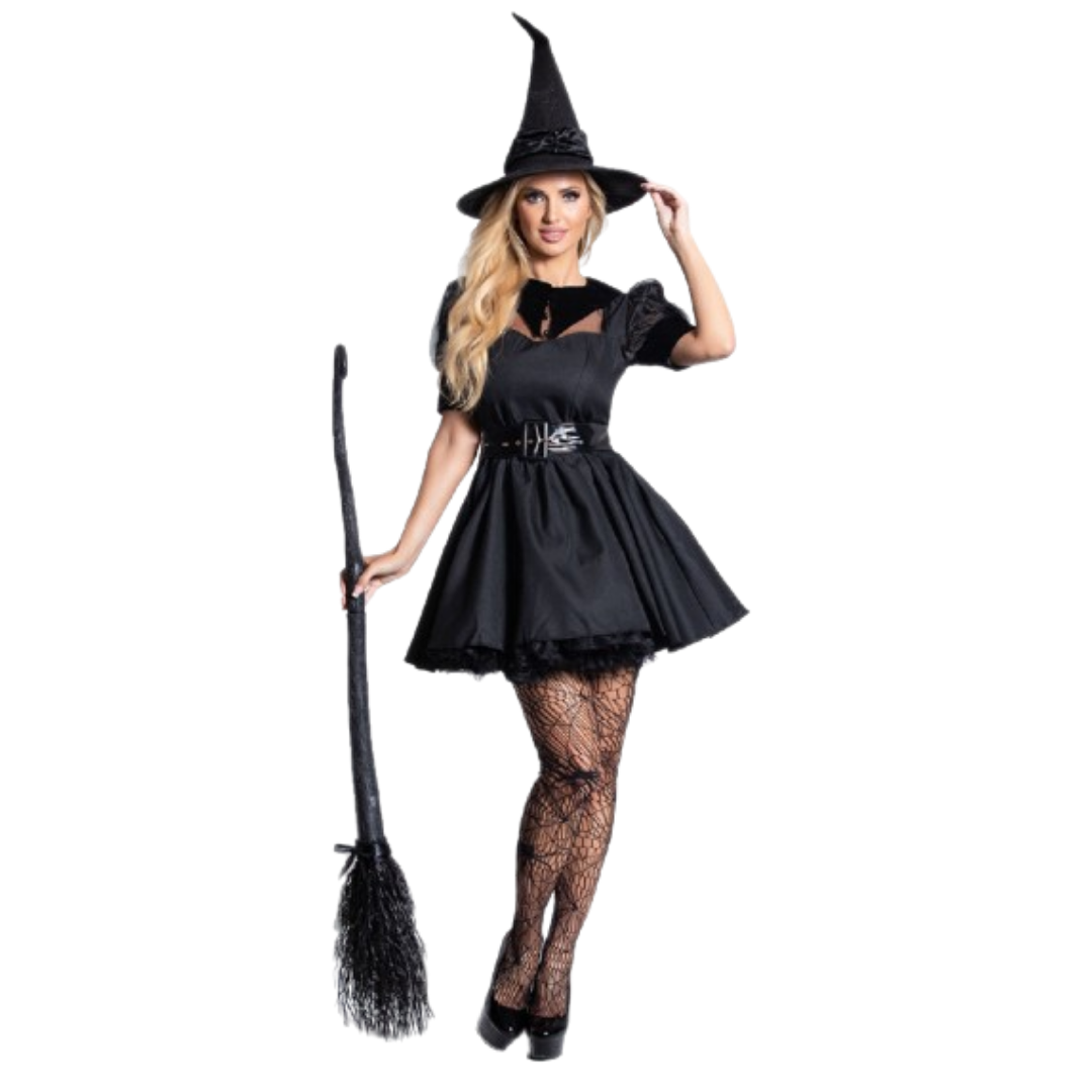 Sexy Witch Black Dress for Adults w/ Witch Hat, Belt & Gloves