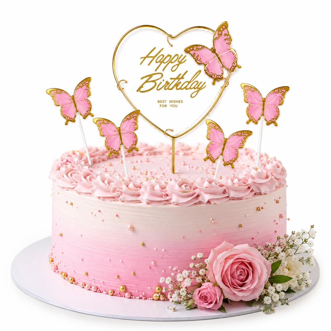 Happy Birthday Cake Topper with Pink Butterflies - 5PC