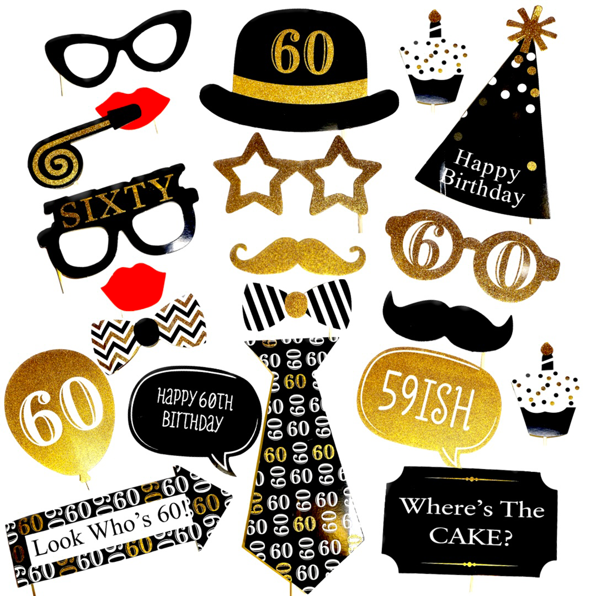 60th Birthday Photo Booth Props Gold & Black - 20Pc