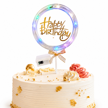 Happy Birthday LED Cake Topper, Transparent Round Cake Decoration with Gold Text, Built-In Light String & Bow for Birthday Party, Cakes, Cupcakes & Dessert Table – 1PC