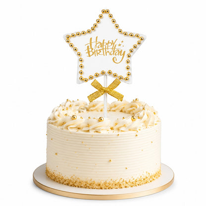 Birthday Star Cake Topper, White & Gold Star Design with Bead Border & Bow | Birthday Cake Decoration Kit for Kids, Adults, Party Cakes & Dessert Table – 1PC