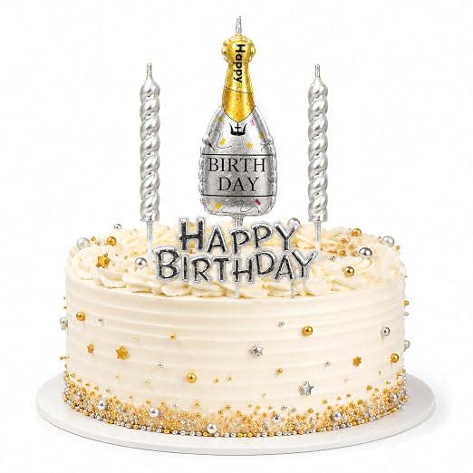 Champagne Bottle Shaped Golden and Silver Adult Birthday Candle - Set of 3