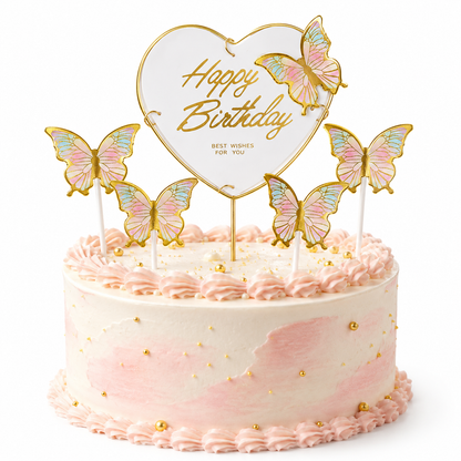 Happy Birthday Cake Topper with Multicolor Butterflies - 5PC