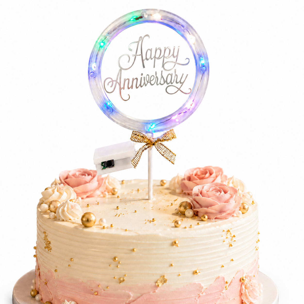 Happy Anniversary LED Cake Topper, Transparent Round Cake Decoration with Gold Text, Built-In Light String & Bow for Anniversary Party, Couple Celebration & Dessert Table – 1PC