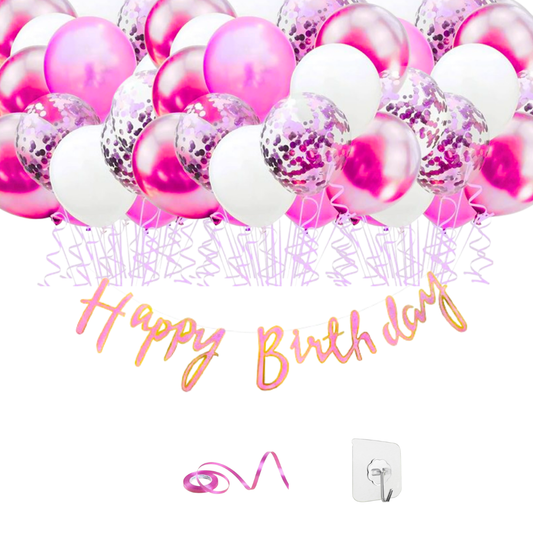 Hot Pink Happy Birthday Cursive Banner w/ White & Pink Confetti Balloons and Wall Hooks Birthday Combo - Set of  13PC