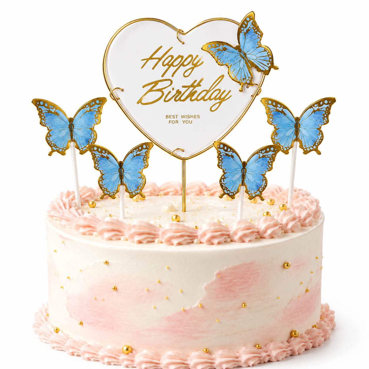 Happy Birthday Cake Topper with Blue Butterflies - 5PC