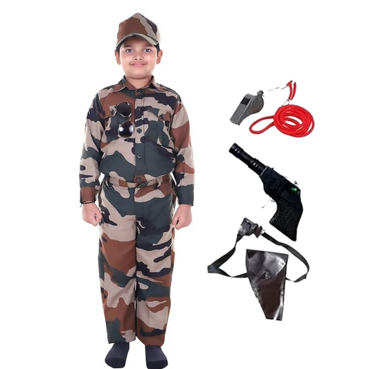 Army Costume w/ Cap, Toy Gun, Whistle for Kids - Size S - Age 3 to5 - 1PC