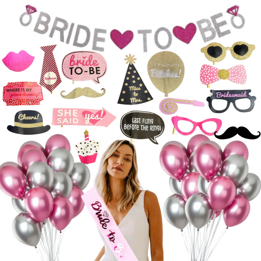 Bride To Be Metallic Pink & Silver Bachellorette Decor Set - 38PC