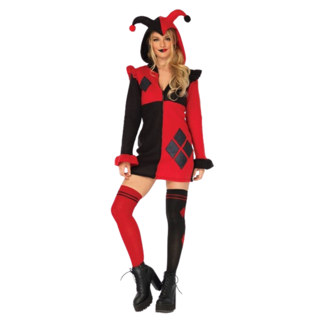 Super Villain Harley Quinn Comic Red & Black Women Costume with Hood