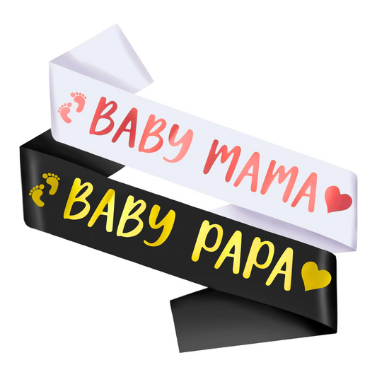 Baby Mama & Baby Papa White & Black Satin Sash for Parents To Be Combo Set - 2PC