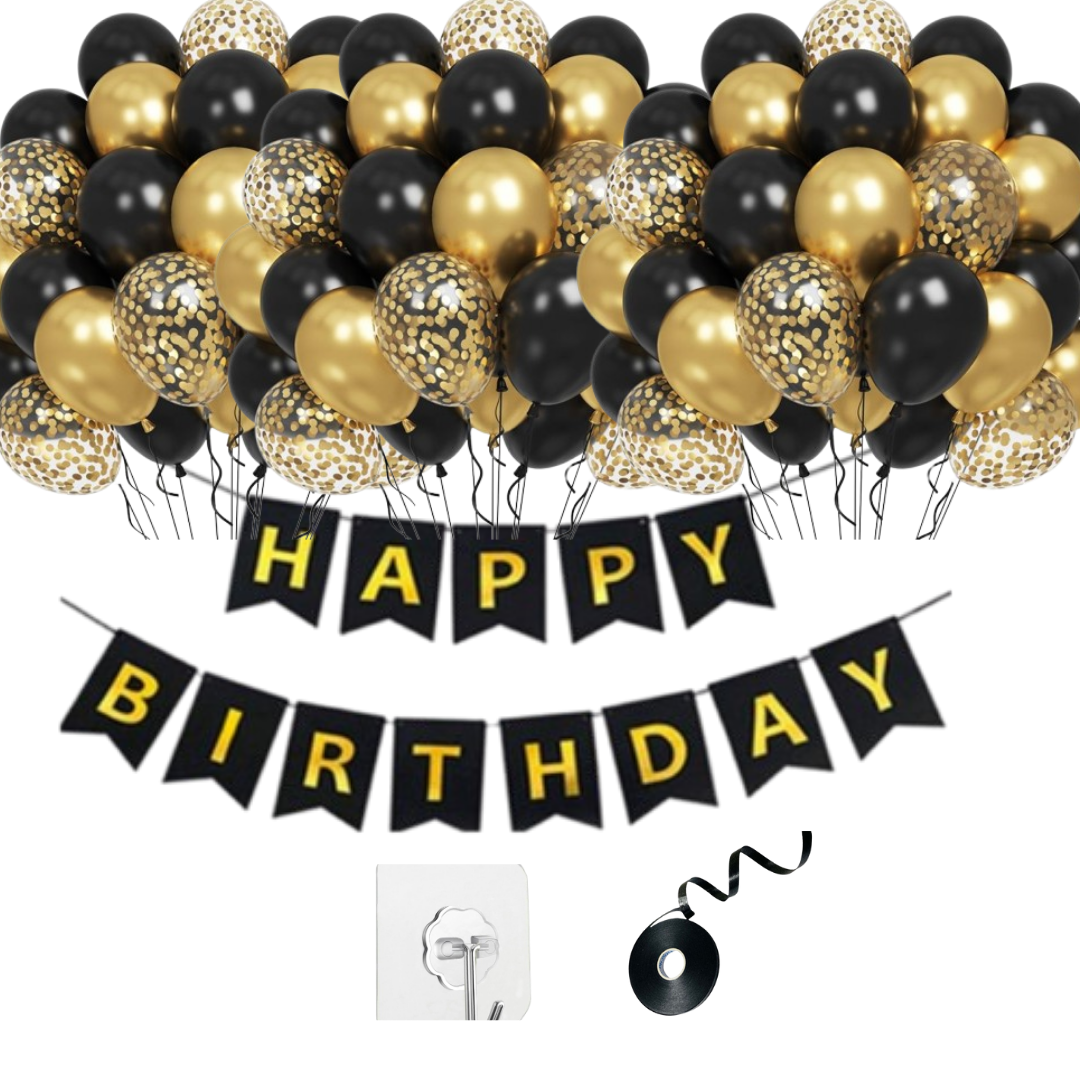 Happy Birthday Banner, Black and Gold Birthday Decoration Set of 13- Birthday Banner with 12inch Balloons, Ribbon and Adhesive Wall Hooks for Happy Birthday Decorations for Men, Boys, Women and Girls